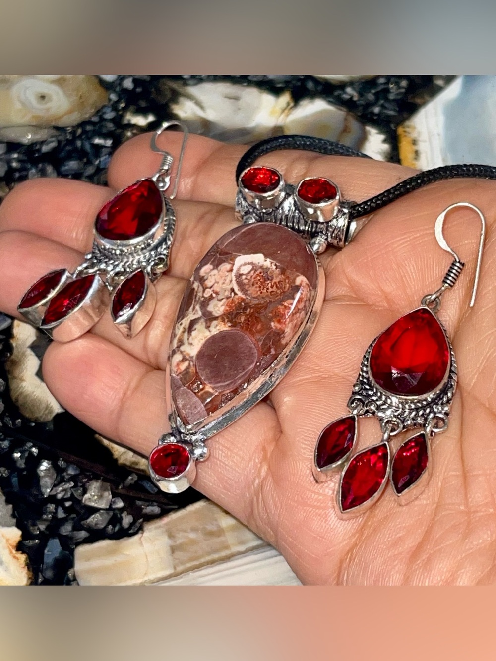 Bird’s Eye Rhyolite Jasper Pendant & Glass Earrings Set